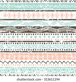 Vector ethnic seamless pattern. Hand drawn tribal striped ornament. Blue, brown grunge texture. Design concept for fashion print, backgrounds, greeting cards, holiday package and wrapping. 