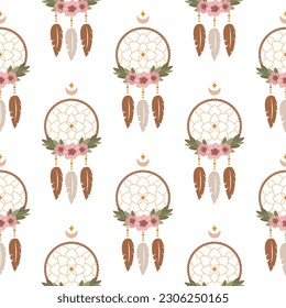 Vector ethnic seamless pattern. Native American dream catcher with feathers. Ethnic design,hand-drawn boho chic, tribal symbol. Vector illustration. Good for fabric, textiles, wallpaper