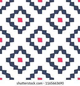 Vector ethnic seamless pattern. Tribal simple geometric design of blue rhombuses with red middle.