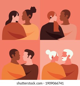 vector of ethnic and sexual diversity of couples together giving each other a hug. concept of love is love.