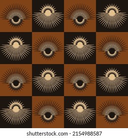 Vector ethnic tribal sun and moon shape African southwest color style checkered pattern seamless background. Use for fabric, textile, interior decoration elements, wrapping.