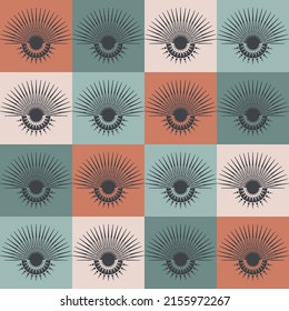 Vector ethnic tribal sun and moon shape Morocco color style checkered pattern seamless background. Use for fabric, textile, interior decoration elements, wrapping.