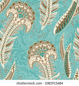 Vector ethnic wallpaper. Colorful background with ethnic elements. Pattern with decorative peacock feathers, indian style