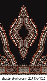 Vector Ethnic West African Dashiki Dress Floral Pattern On Black Color Background. Tribal Art Shirts Fashion. Neck Embroidery Ornaments.