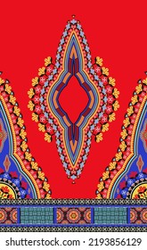 Vector Ethnic West African Dashiki Dress Colorful Floral Pattern On Red Background. Tribal Art Shirts Fashion. Neck Embroidery Ornaments.