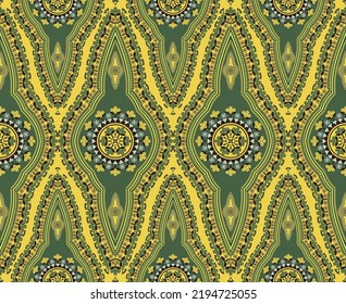 Vector Ethnic West African Dashiki Colorful Green Abstract Floral Shape Seamless Pattern On Yellow Background. Use For Fabric, Textile, Interior Decoration Elements, Upholstery, Wrapping.