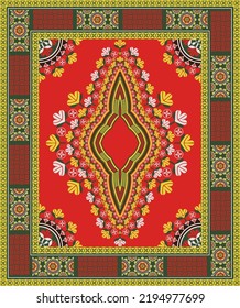 Vector Ethnic West African Dashiki Traditional Colorful Red-green Pattern Background. Tribal Art Shirts Fashion. Neck Embroidery Ornaments.