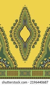 Vector Ethnic West African Dashiki Dress Colorful Green Floral Pattern On Yellow Background. Tribal Art Shirts Fashion. Neck Embroidery Ornaments.