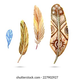 Vector ethnic yellow feathers. Hand drawn watercolor isolated objects.