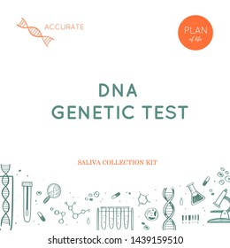 Vector Ethnicity And Genealogy  DNA  Genetic Test  Home Kit Cover, Design Template, Background.  Hand Drawn Illustrations Of Medical Genome Research Equipment.