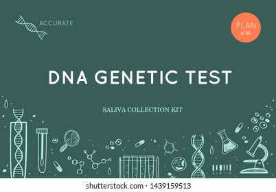 Vector Ethnicity And Genealogy  DNA  Genetic Test  Home Kit Cover, Design Template, Background.  Hand Drawn Illustrations Of Medical Genome Research Equipment.