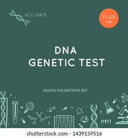 Vector Ethnicity And Genealogy  DNA  Genetic Test  Home Kit Cover, Design Template, Background.  Hand Drawn Illustrations Of Medical Genome Research Equipment.