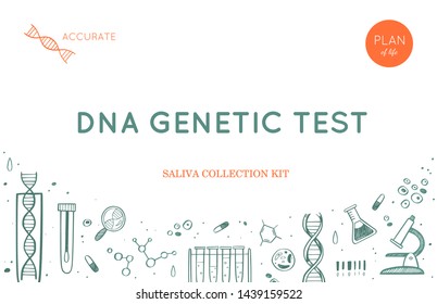 Vector Ethnicity And Genealogy  DNA  Genetic Test  Home Kit Cover, Design Template, Background.  Hand Drawn Illustrations Of Medical Genome Research Equipment.