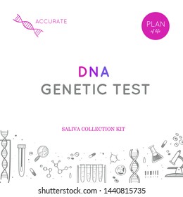 Vector Ethnicity And Genealogy  DNA  Genetic Test  Home Kit Cover, Design Template, Background.  Hand Drawn Illustrations Of Medical Genome Research Equipment.