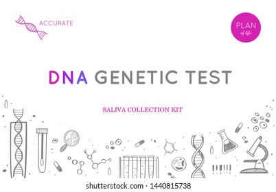 Vector Ethnicity And Genealogy  DNA  Genetic Test  Home Kit Cover, Design Template, Background.  Hand Drawn Illustrations Of Medical Genome Research Equipment.