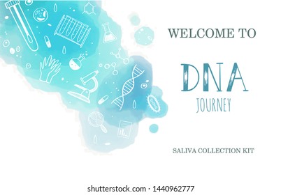 Vector Ethnicity And Genealogy  DNA  Genetic Test  Home Kit Cover, Design Template, Background.  Hand Drawn Illustrations Of Medical Genome Research Equipment.