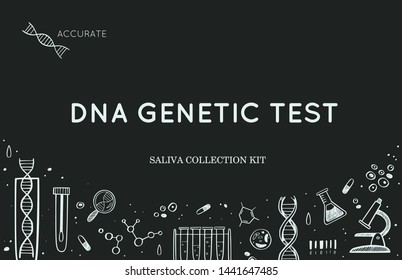 Vector Ethnicity And Genealogy  DNA  Genetic Test  Home Kit Cover, Design Template, Background.  Hand Drawn Illustrations Of Medical Genome Research Equipment.