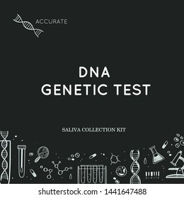 Vector Ethnicity And Genealogy  DNA  Genetic Test  Home Kit Cover, Design Template, Background.  Hand Drawn Illustrations Of Medical Genome Research Equipment.