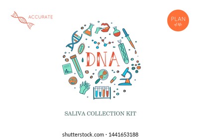 Vector Ethnicity And Genealogy  DNA  Genetic Test  Home Kit Cover, Design Template, Background.  Hand Drawn Illustrations Of Medical Genome Research Equipment.