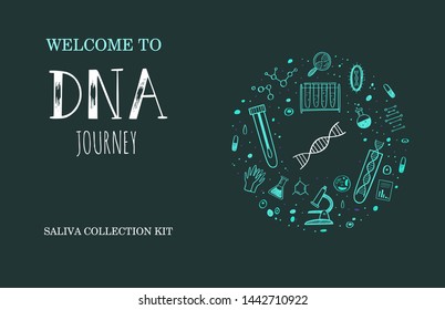 Vector Ethnicity And Genealogy  DNA  Genetic Test  Kit Cover, Design Template, Background.  Hand Drawn Illustrations Of Medical Genome Research Equipment.