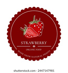 Vector etiquette with strawberries on a round dark background. Vector illustration