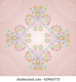 Vector etno print with paisley. Delicate romantic pink background - card design.