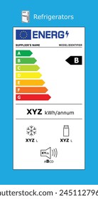 Vektorgrafik EU-Energieeffizienzlabel - Kühlschränke. Editierbares Piktogramm für das Energieetikett der Europäischen Union. Energieeffizienzklasse für Haushaltsgeräte in der EU.