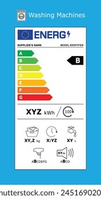 Vector EU energy rating label - washing machine. European Union energy label editable pictogram. EU domestic appliances energetic class.