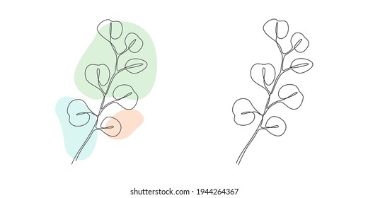 Vector Eucalyptus branch in line art style. Continuous one line drawing with abstract pastel shape. Minimalistic and natural wall art. Vector illustration