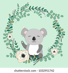 Vector eucalyptus and flower wreath.
Greeting card. Hand drawn vector illustration with cute koala in flowers