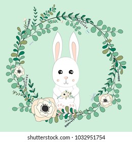 Vector eucalyptus and flower wreath.
Greeting card. Hand drawn vector illustration with cute bunny in flowers