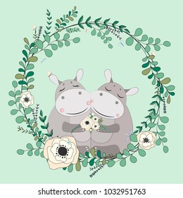 Vector eucalyptus and flower wreath.
Greeting card. Hand drawn vector illustration with cute hippo in flowers