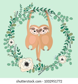 Vector eucalyptus and flower wreath.
Greeting card. Hand drawn vector illustration with cute sloth in flowers