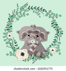 Vector eucalyptus and flower wreath.
Greeting card. Hand drawn vector illustration with cute raccoon in flowers