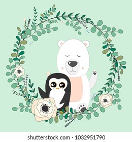 Vector eucalyptus and flower wreath.
Greeting card. Hand drawn vector illustration with cute penguin and polar bear in flowers