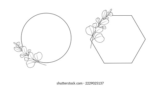 Vector Eucalyptus Flowers Wreath Frame line art on white background. Eucalyptus Leaves wreath outline. Wedding Circle border vector. Vector elegant wreath