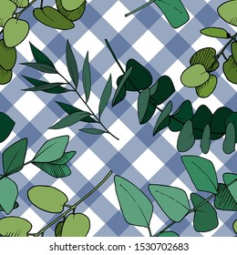 Vector Eucalyptus leaves branch. Exotic tropical hawaiian summer. Leaf plant botanical floral foliage. Black and white engraved ink art. Seamless background pattern. Fabric wallpaper print texture.