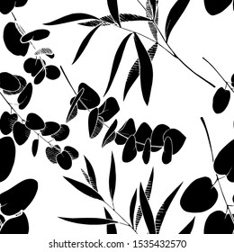 Vector Eucalyptus leaves branch. Exotic tropical hawaiian summer. Leaf plant botanical floral foliage. Black and white engraved ink art. Seamless background pattern. Fabric wallpaper print texture.