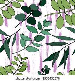 Vector Eucalyptus leaves branch. Exotic tropical hawaiian summer. Leaf plant botanical floral foliage. Black and white engraved ink art. Seamless background pattern. Fabric wallpaper print texture.