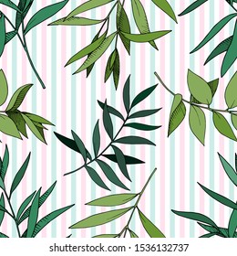 Vector Eucalyptus leaves branch. Exotic tropical hawaiian summer. Leaf plant botanical floral foliage. Black and white engraved ink art. Seamless background pattern. Fabric wallpaper print texture.