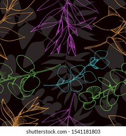 Vector Eucalyptus leaves branch. Exotic tropical hawaiian summer. Leaf plant botanical floral foliage. Black and white engraved ink art. Seamless background pattern. Fabric wallpaper print texture.