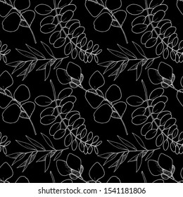 Vector Eucalyptus leaves branch. Exotic tropical hawaiian summer. Leaf plant botanical floral foliage. Black and white engraved ink art. Seamless background pattern. Fabric wallpaper print texture.