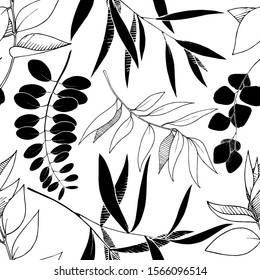 Vector Eucalyptus leaves branch. Exotic tropical hawaiian summer. Leaf plant botanical floral foliage. Black and white engraved ink art. Seamless background pattern. Fabric wallpaper print texture.