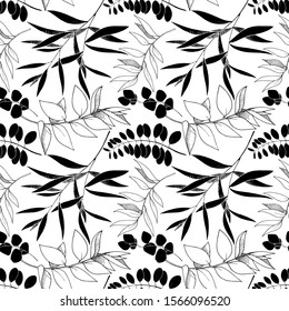 Vector Eucalyptus leaves branch. Exotic tropical hawaiian summer. Leaf plant botanical floral foliage. Black and white engraved ink art. Seamless background pattern. Fabric wallpaper print texture.