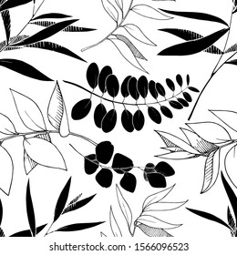 Vector Eucalyptus leaves branch. Exotic tropical hawaiian summer. Leaf plant botanical floral foliage. Black and white engraved ink art. Seamless background pattern. Fabric wallpaper print texture.