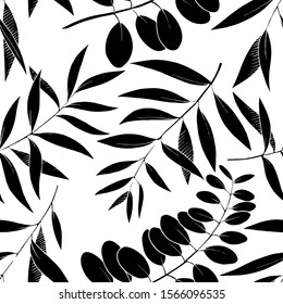 Vector Eucalyptus leaves branch. Exotic tropical hawaiian summer. Leaf plant botanical floral foliage. Black and white engraved ink art. Seamless background pattern. Fabric wallpaper print texture.