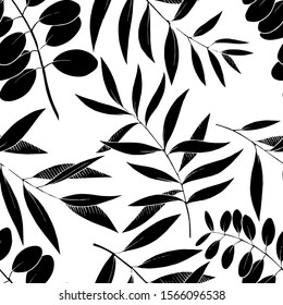 Vector Eucalyptus leaves branch. Exotic tropical hawaiian summer. Leaf plant botanical floral foliage. Black and white engraved ink art. Seamless background pattern. Fabric wallpaper print texture.