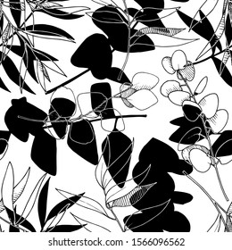 Vector Eucalyptus leaves branch. Exotic tropical hawaiian summer. Leaf plant botanical floral foliage. Black and white engraved ink art. Seamless background pattern. Fabric wallpaper print texture.