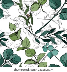 Vector Eucalyptus tree leaves jungle botanical. Black and white engraved ink art. Seamless background pattern. Fabric wallpaper print texture.