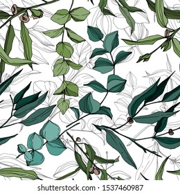 Vector Eucalyptus tree leaves jungle botanical. Black and white engraved ink art. Seamless background pattern. Fabric wallpaper print texture.